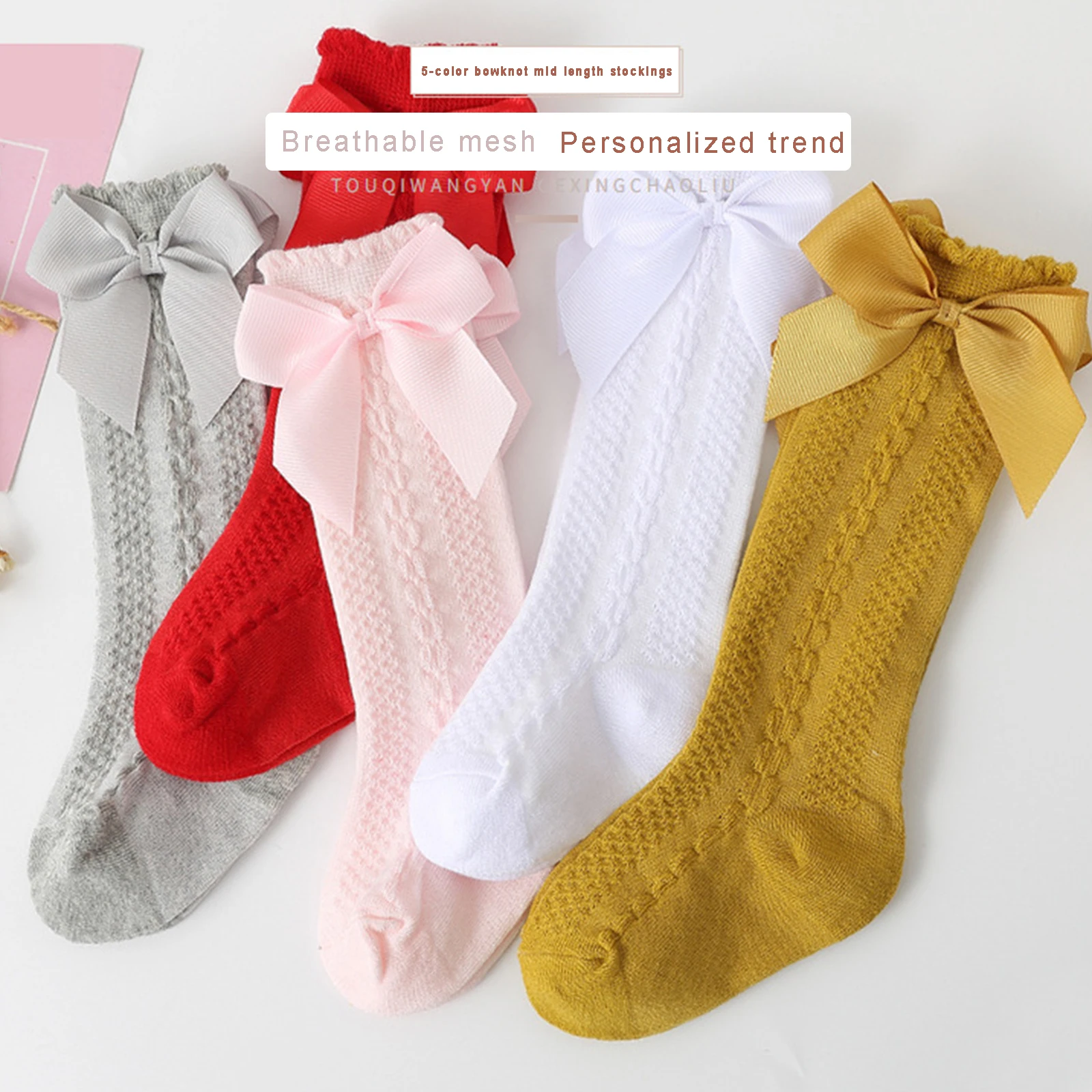 Toddler Baby Girls Long Socks Solid Color Cute Bowknot Princess Mesh Socks Infant Spring Summer Breathable Casual Stockings