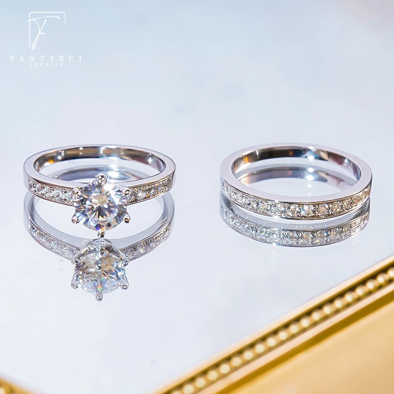 FENTTECI S925 Sterling Silver Platinum Plated Moissanite Diamond Ring for Women Luxury A Set Of Ring Wedding Bands Fine Jewelry