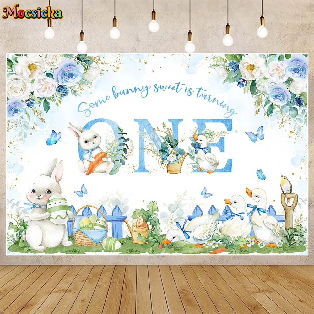 

Mocsicka Easter Bunny Baby Birthday Backdrop Rabbit Duck Blue Flower Boy 1st Birthday Party Decor Background Banner Photo Studio