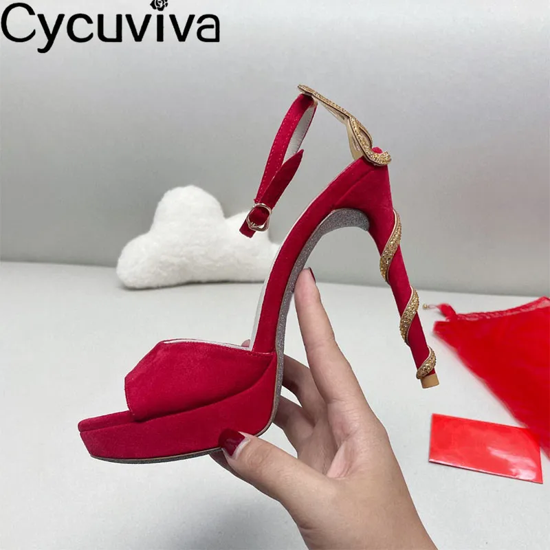 

Kid Suede Peep Toe Red High Heel Sandals Women Bling Snake Around Heel Dress Crystal Shoes Platform Designer Wedding Party Shoes