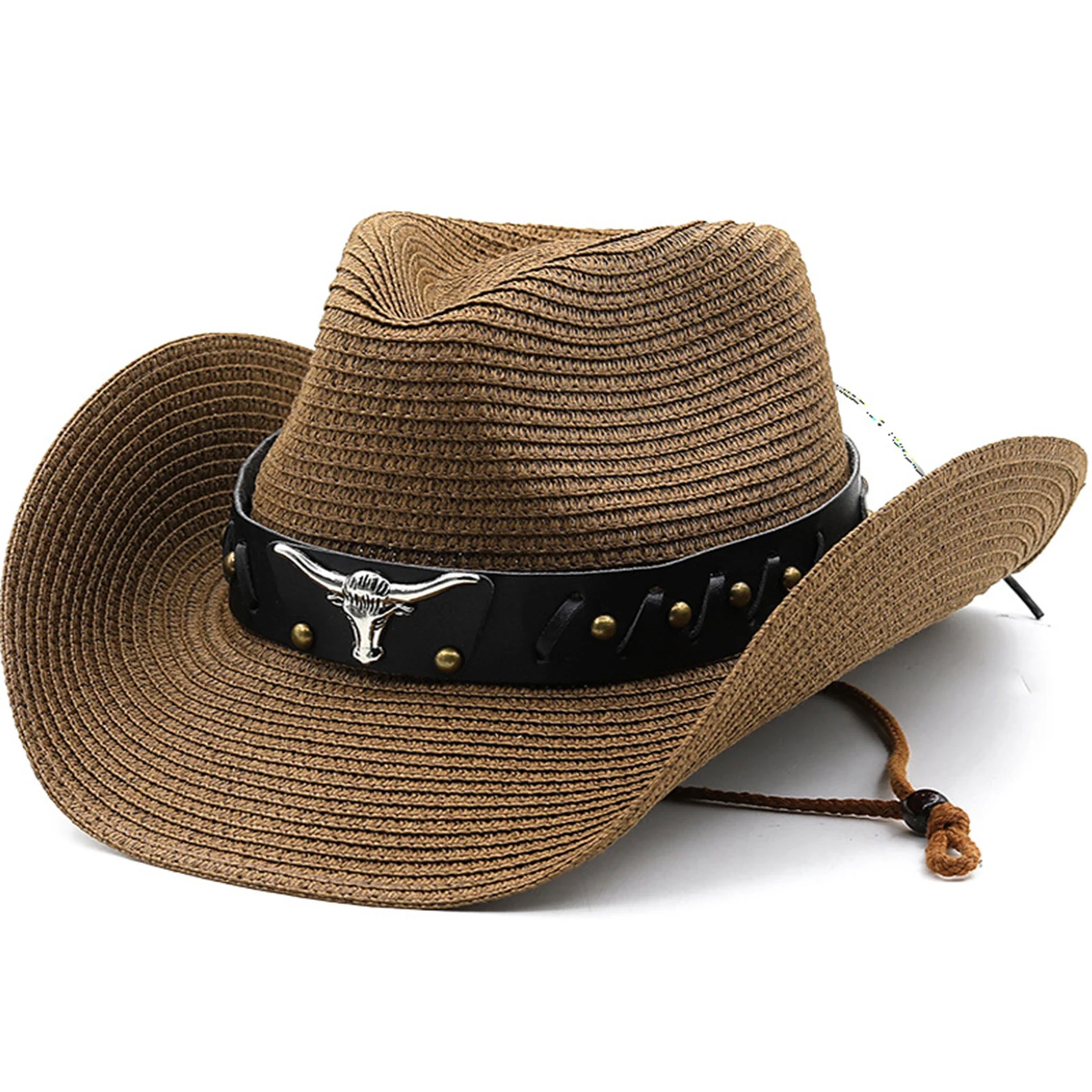 Women Men Cowboy Hat Cow Head Leather Belt Decor Wide Brim Western Cowgirl Hat Foldable National Style Straw