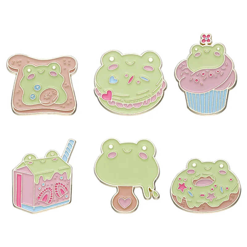 

Cartoon cute little frog brooch Creative Ice cream milk burger donut shape badge Accessory pins wholesale Gift to friends