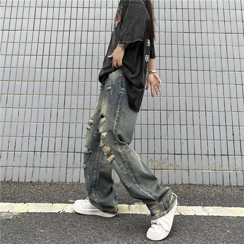 Vintage Women Distressed Washed Jeans Spring Summer New Loose Pants Trend Hip Hop High Waist All-match Fashion Straight Trousers