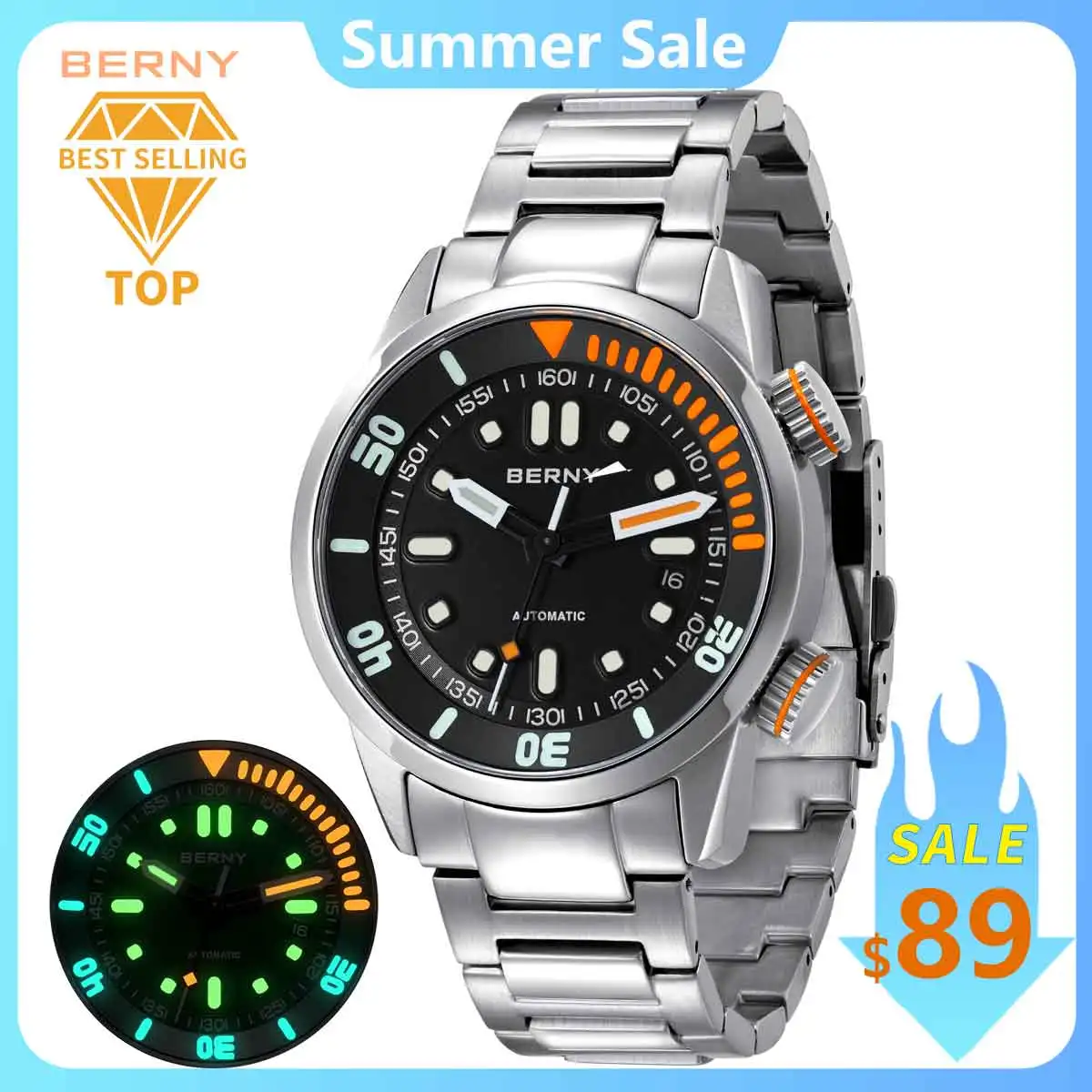 BERNY 20bar diver automatický hodinky pro muži miyota 8215 super světelný safír plavat sport mechanická sebe klikatý muži náramkové hodinky