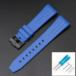 Premium Rubber Strap with Stainless Steel Buckle - 22mm Curved Interface Watch Band - 22mm (Dark blue black)