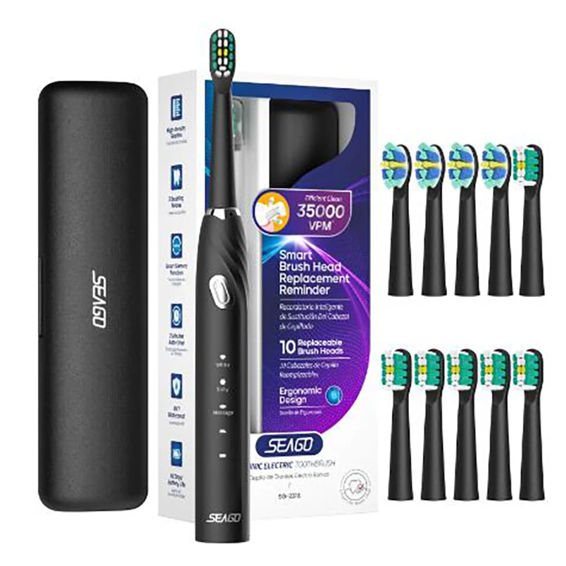 Seago Electric Toothbrush 10 Brush Heads Travel Box Toothbrush Holder Rechargeable Power Gift Family