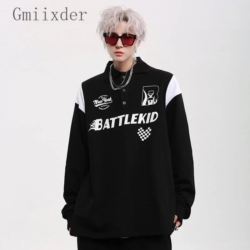 

Racing Lapel Sweatshirt for Men Women American Hiphop High Street Loose Motorcycle Jacket Spring Autumn Letter T-shirt