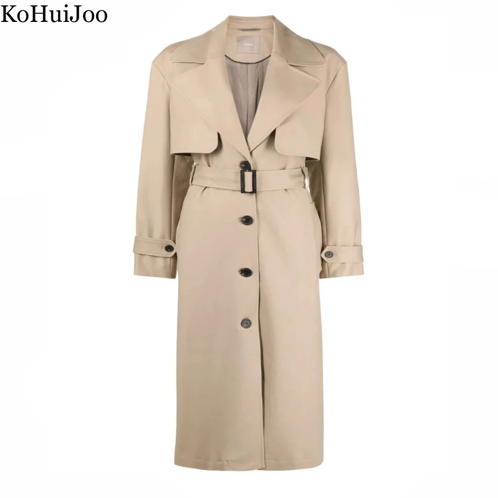 

KoHuiJoo Long Trench Coat Women 2023 New High Quality Fashion Autumn Outerwear Single Breasted Belt Slim Casual Windbreaker