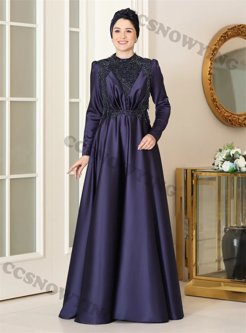 

Satin Appliques Muslim Evening Dresses Long Sleeve Hijab Formal Party Gown Islamic High Neck Arabic Kaftan Women Robe De Soiree