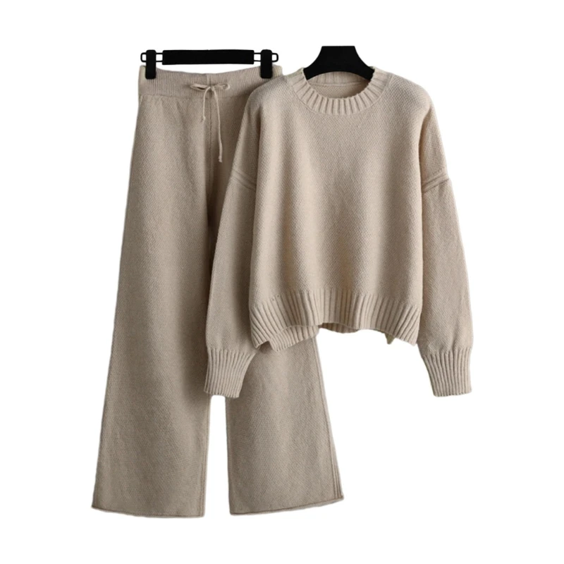 Stylish Women's Knit Set Long Sleeve Sweater Top with Wide Leg Pants for Girls