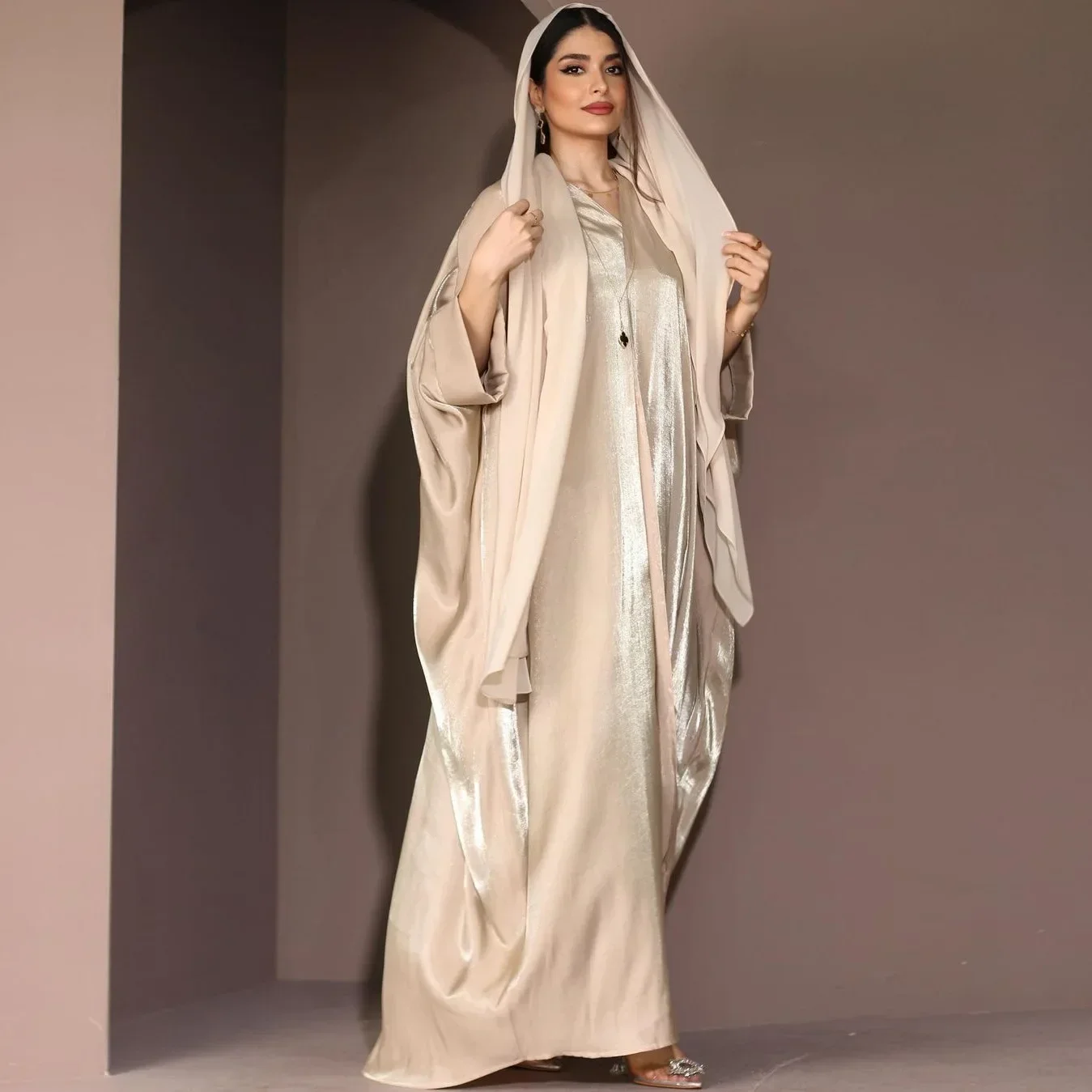 Eid Batwing Abaya Kimono Muslim Cardigan Shiny Satin Open Abayas for Women Dubai Turkey Modest Islamic Outfit Kaftan Hijab Dress