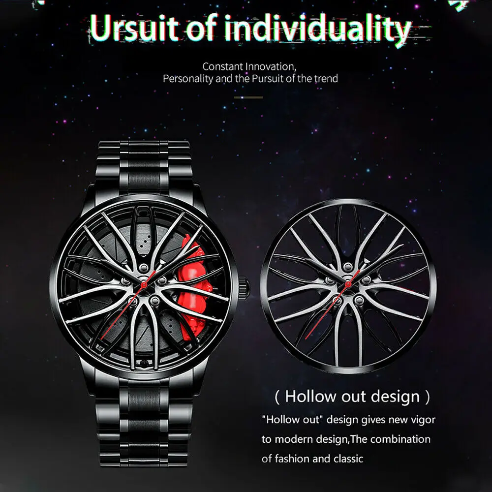 Fashion Casual Watches Men Vacuum Plating Strap with Car Wheel Rim Hub Design Sport Automatic Life Waterproof Quartz Wristwatch