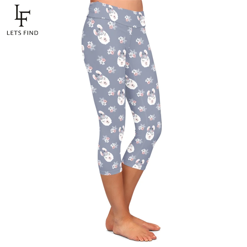 Summer Women High Waist Capri Legging Cartoon Alpaca Printing Fashion Elastic Mid-Calf Leggings  Casual Pants