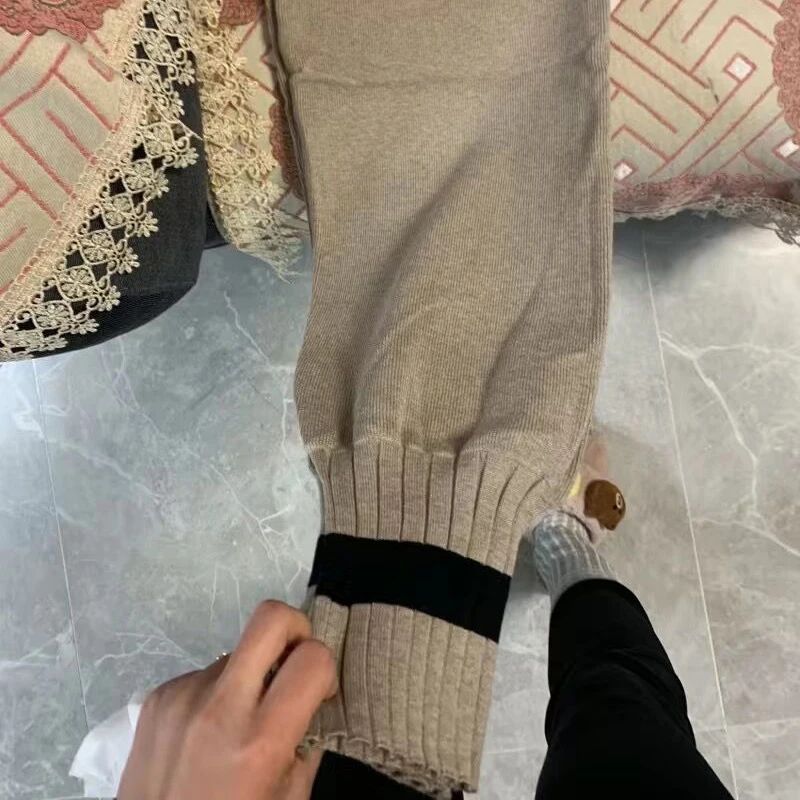 Knitted Pants Women Autumn Winter High Waist Casual Harem Trousers 2023 Korean Fashion Patchwork Stretch Baggy Pantalones S-2xl