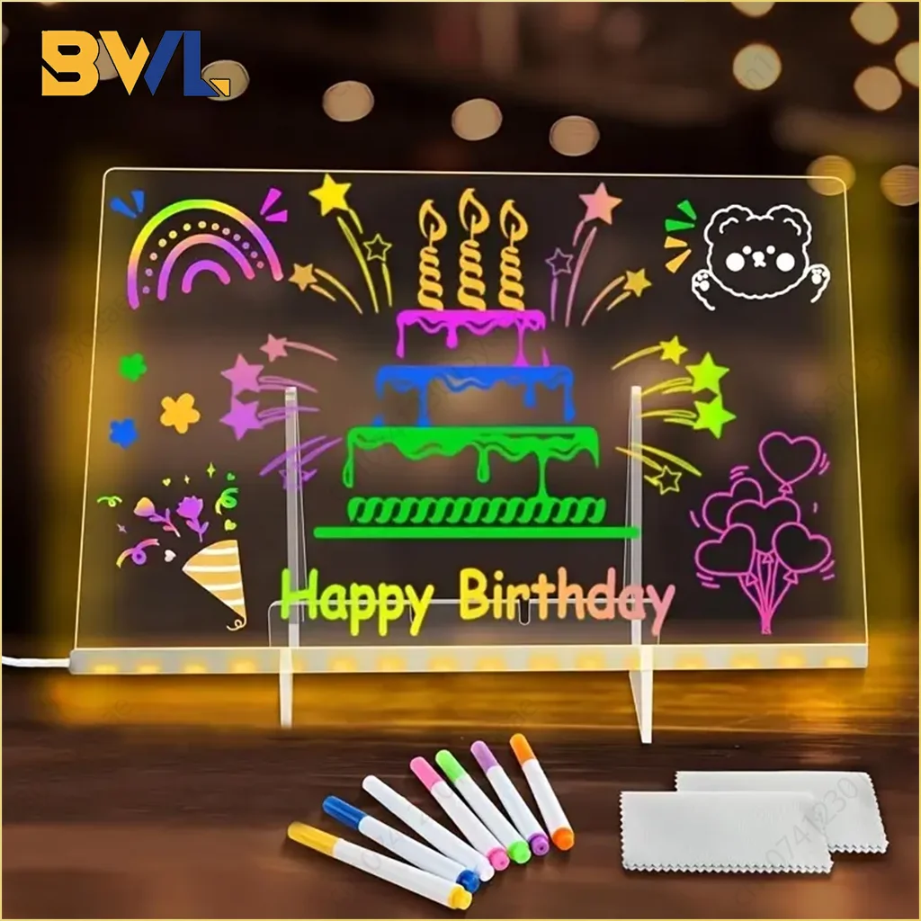 LED Note Board with Colors Erasable DIY Children's Drawing Board Letter Message White Luminous Dry Erase with Stand