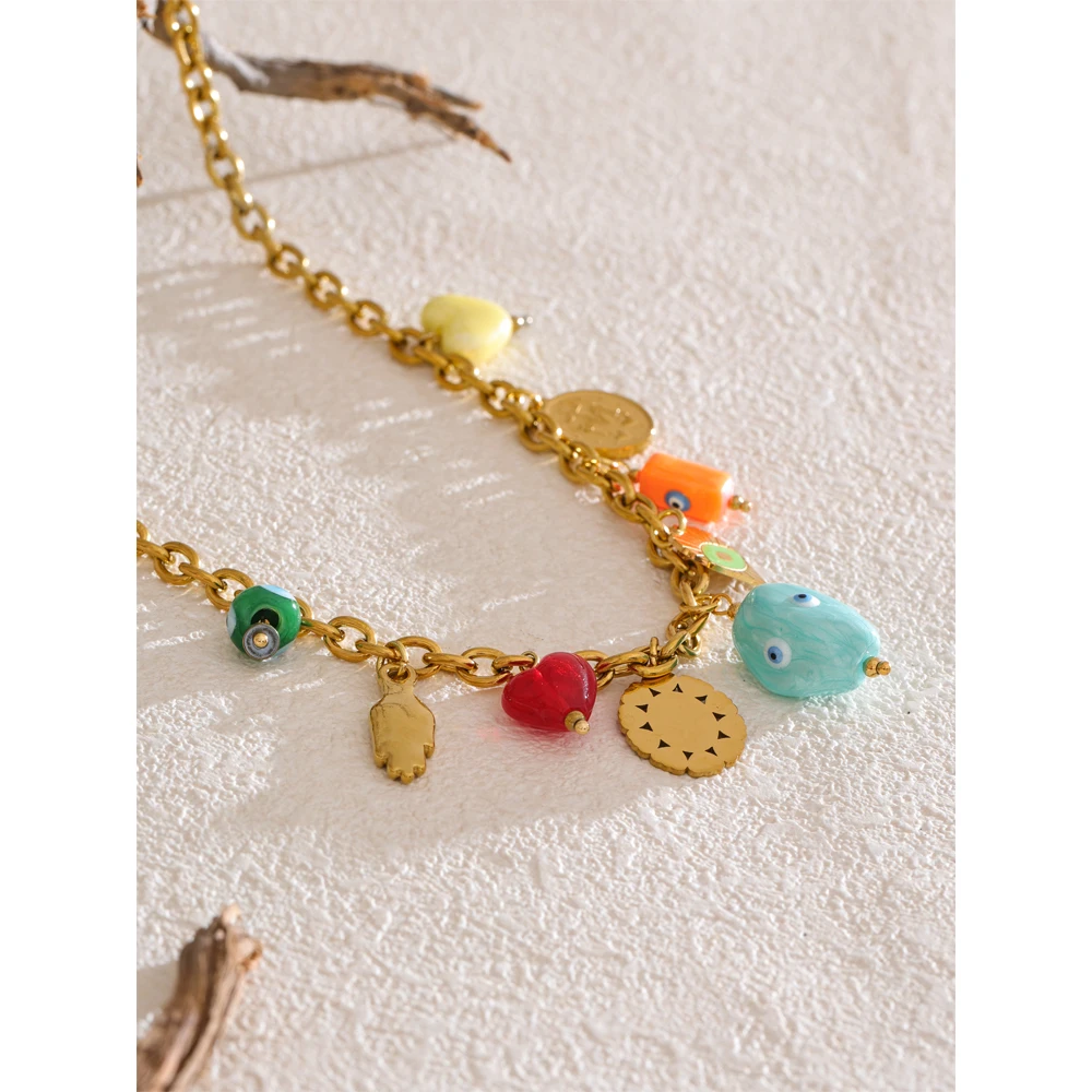 Yhpup Trendy Necklace Ceramic Eye Heart Charms