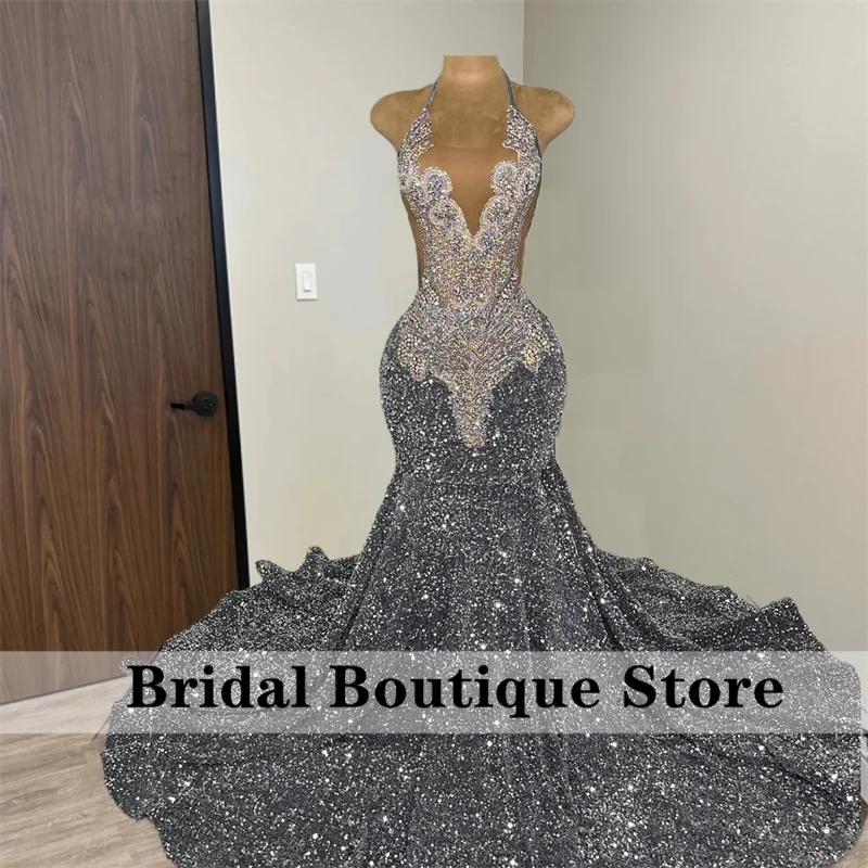 

Sparkly Silver Diamonds Long Prom Dress 2024 For Black Girls Halter Beads Crystals Rhinestones Birthday Party Reception Robe