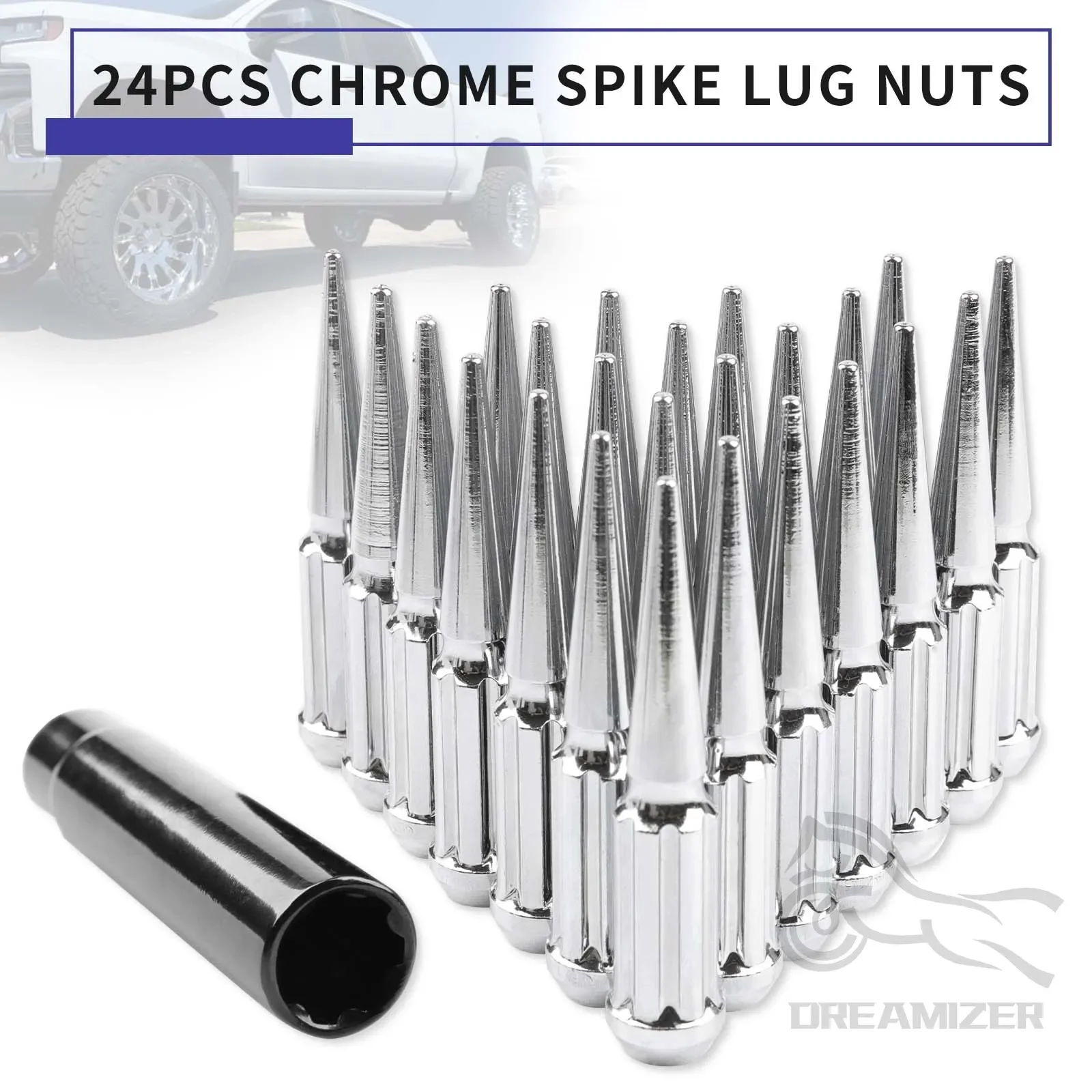 Wheel Accessories Parts 24 Pc Spiked Solid Metal Lug Nuts M12x1.50 Thread 4.4" Tall Closed End Bulge Acorn Spike Lug Nut 1 Long Socket Key Chrome - View #2