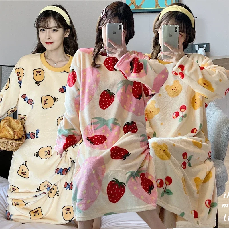 Winter Long Sleeve Print Thick Warm Flannel Nightgowns For Women Long Dress Coral Velvet Sleepwear Nightdress Night Dress Nighty