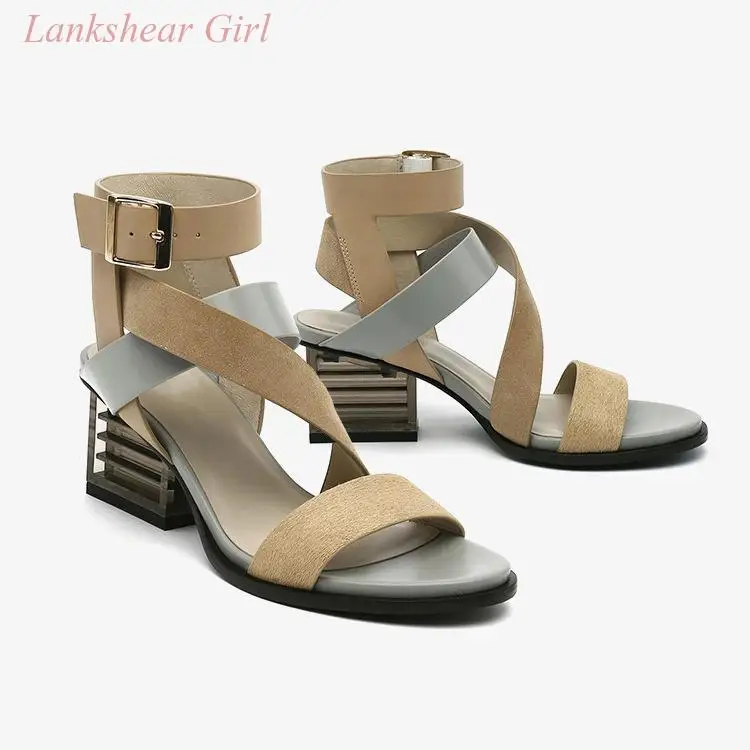 

Brand Design Summer New Ladies Mixed Color Sandals Transparent Thick Heel Cross Strap Open Toe Sandals
