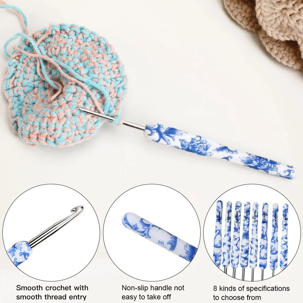 Enhanced Crochet Hook Set with Ergonomic Blue and White Porcelain Design