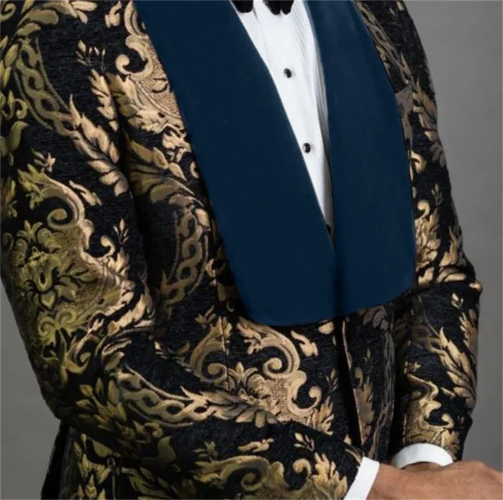 Stylish Slim Fit Mens Suits Floral Jacquard Shawl Lapel 2 Pieces Blazer and Pant Set Tuxedo Set Prom Wedding Dress Business
