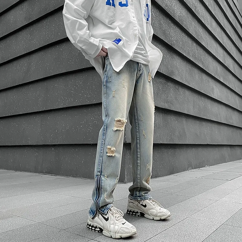 

2022 High Street Hole Ripped Washed Vintage Men Hip Hop Jeans Trousers Kanye West Ankle Zipper Punk Distressed Male Denim Pants