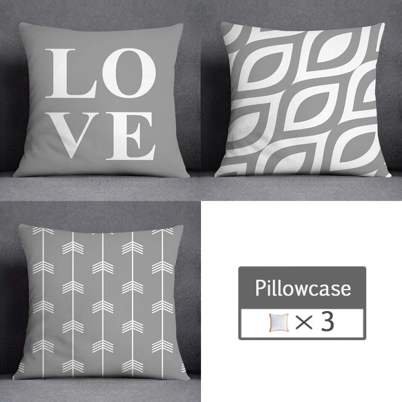 3pcs/lot 45X45CM Gray Lumbar Pillow Case Polyester Geometry Leaf Floral Stripes Plaids Print Sofa Throw Cushion Cover Home Decor 