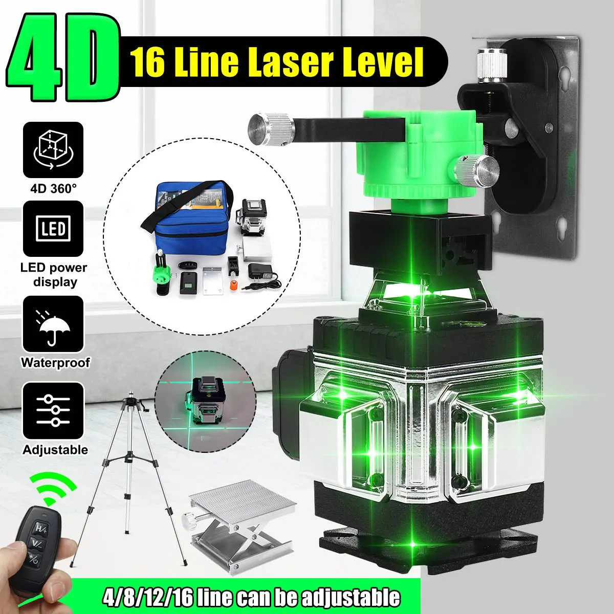 

EU Plug 16 Line 360° Horizontal Vertical Cross 4D Green Light Laser Level Self-Leveling Measure Super Powerful Laser Beam