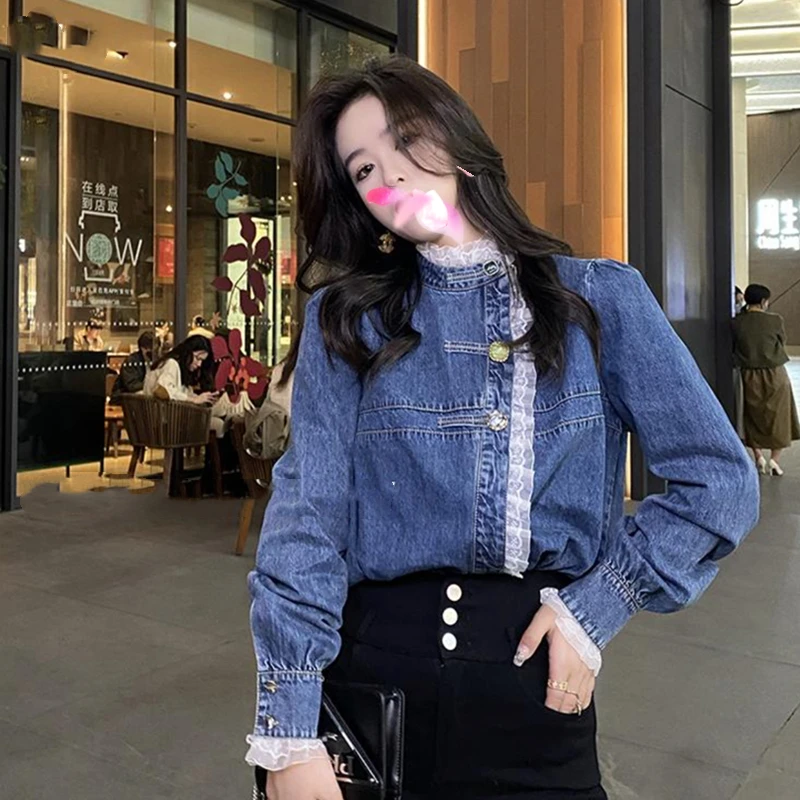 Vintage Lace Denim Shirt Women Stand 
