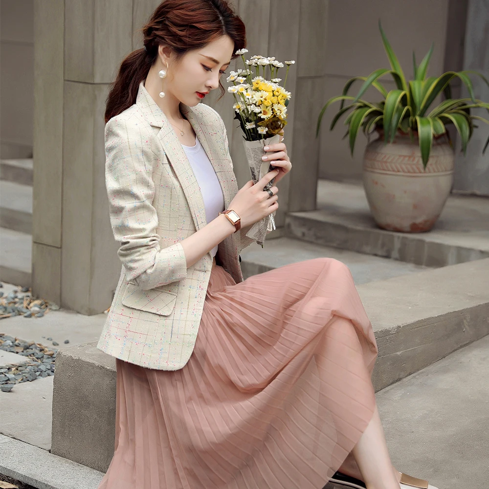 Women Fashion Casual Single Button Blazers Coat Vintage Slim Long Sleeve Female Outerwear S-4XL Chic Black Apricot Plaid Tops