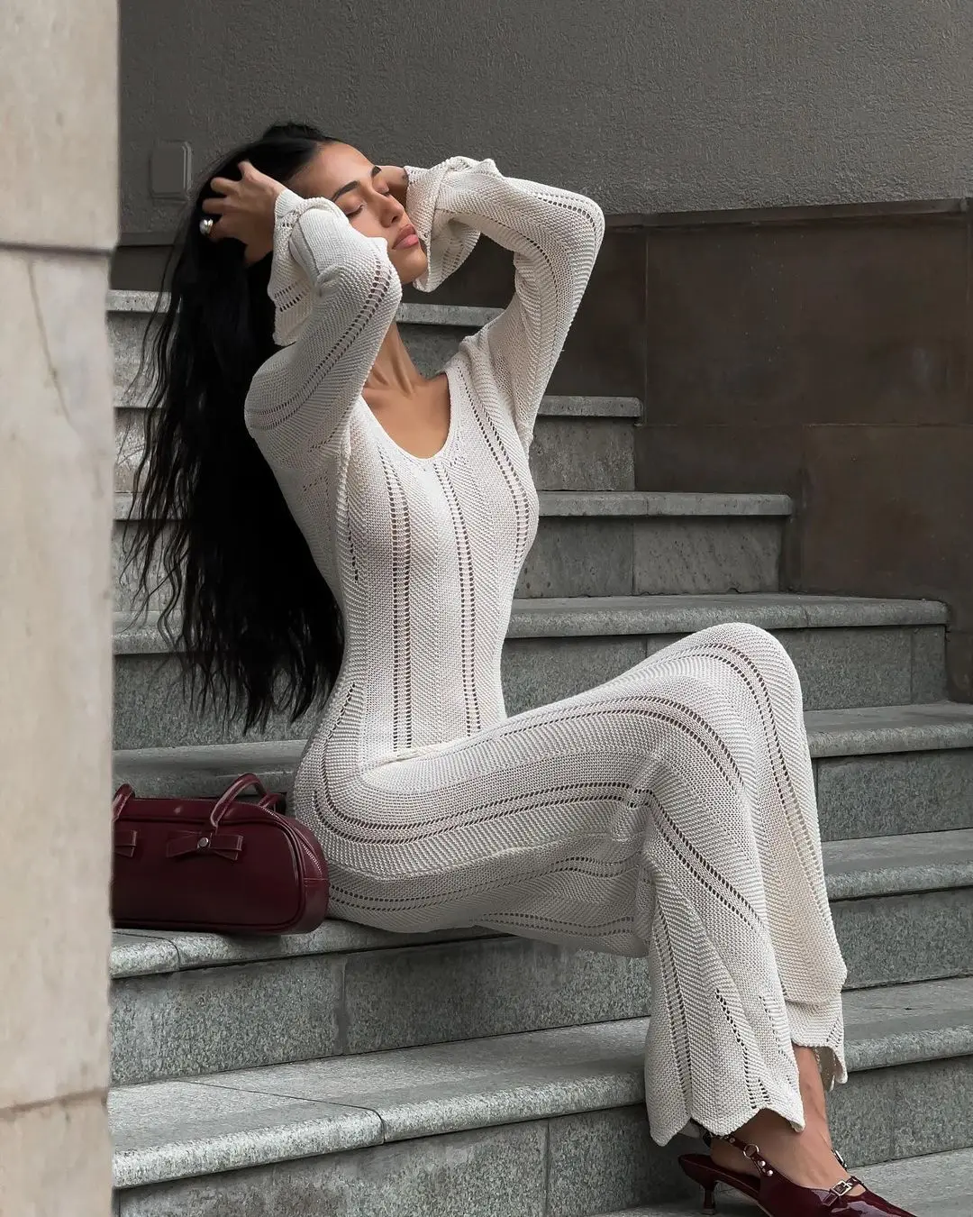 Hollow Out Knitwear Backless Long Dress Women's Slim High Waist Skinny Autumn Elegant Party Dress Female Knit Dress