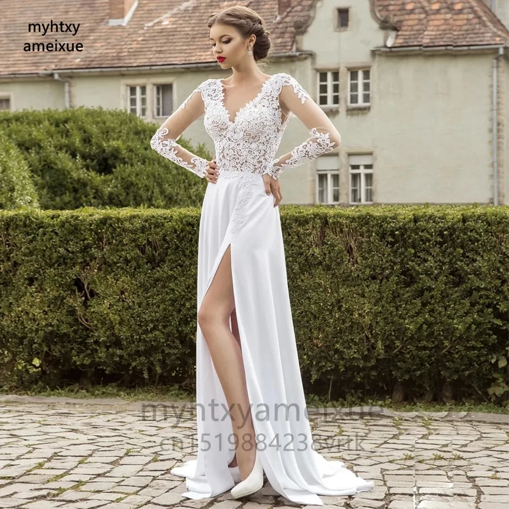 mermaid wedding dress Sexy Side Slit V-neck White Wedding Dresses 2022 Long Sleeve Lace Chiffon Bridal Gown Backless Plus Size Vestido De Noiva Boho sexy wedding dresses