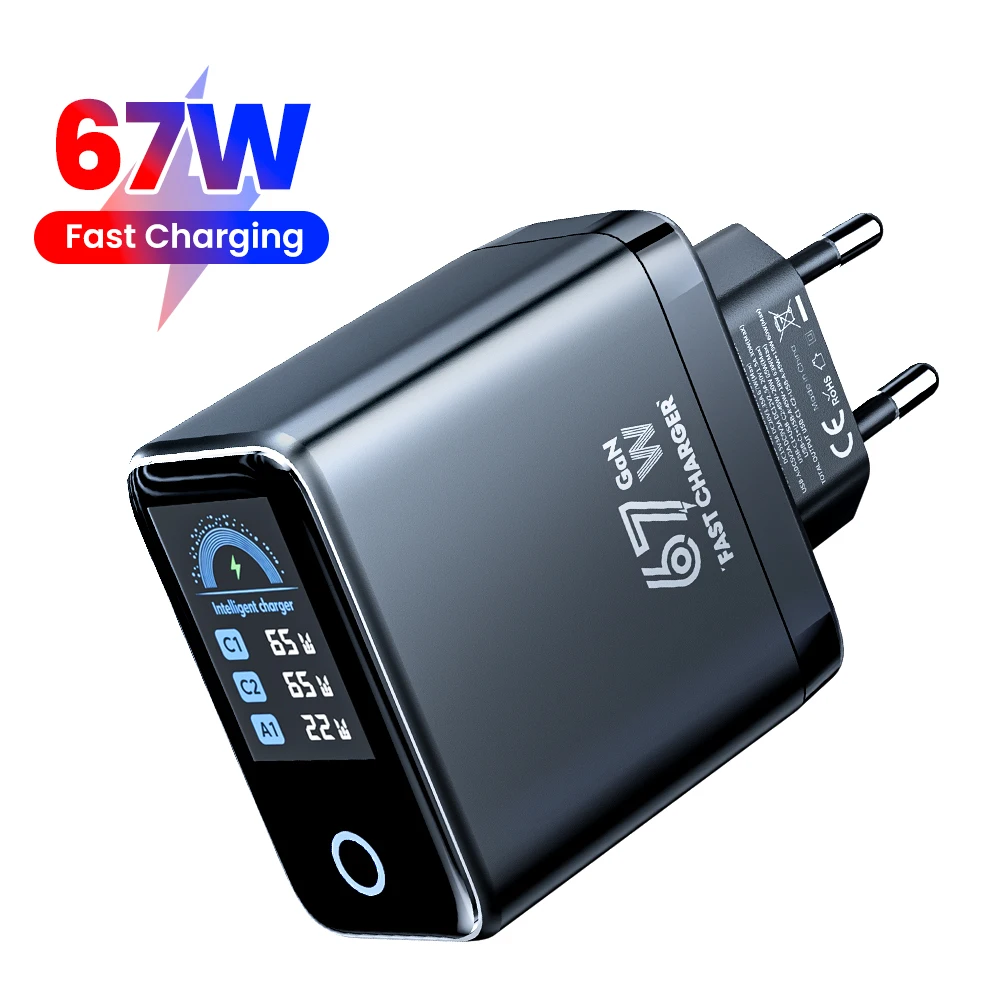 67W GaN USB-C Fast Charging Wall Charger with LCD Display - Portable Travel Charger