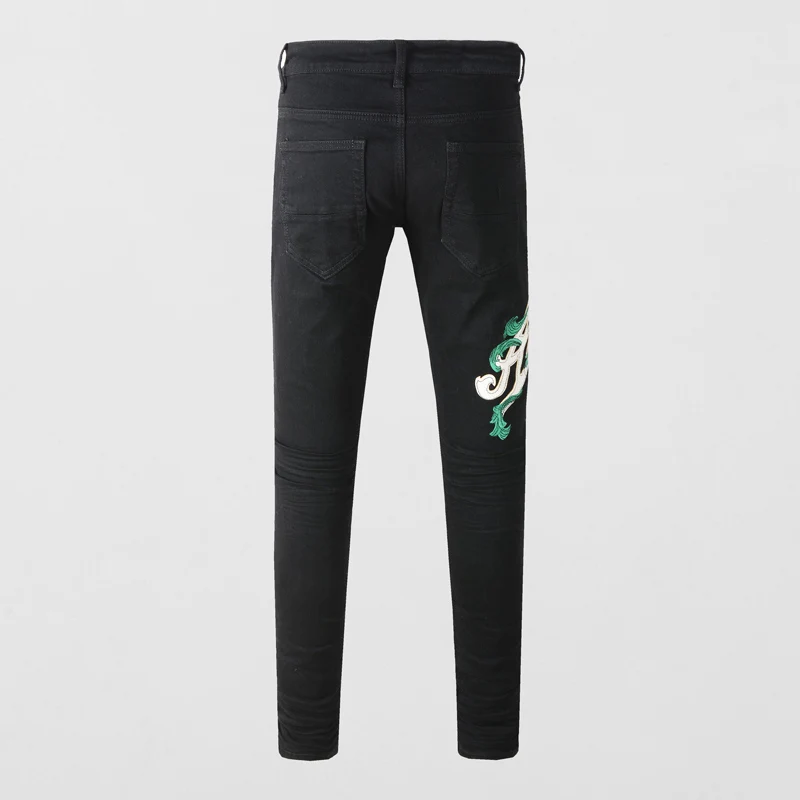 High Street Fashion New Jeans Elastic Slim Fit Retro Embroidered Versatile Jeans Hip Hop Brand High Quality Black Pants