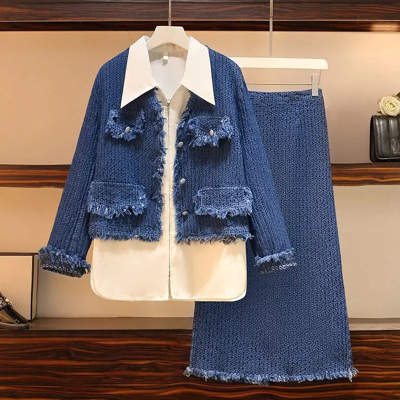 Women Spring Autumn Tweed Short Jacket Zipper Shirts Skirts 1 or 3 Piece Set Korean Office Lady Garceful Slim Coat Blouse Outfit