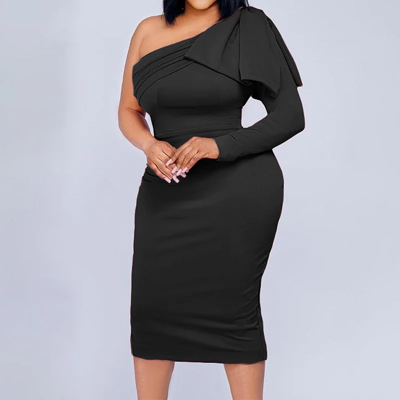 Evening Party Sexy Solid Color Pleated Oblique Collar Patchwork Bag Hip Mid-Calf Dress Autumn Elegant Plus Size Female Clothing