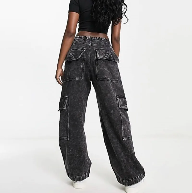 Y2K Vintage Distressed Jeans for Women's Pocket Wide Leg Pants with A Drooping Feeling and Loose Casual Pants for Women TYFS04