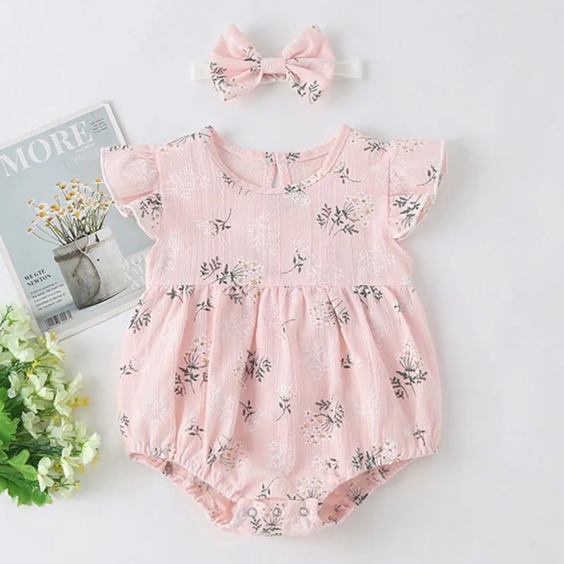 2024 New Summer 0-24M Children Clothes Infant Baby Girls Bodysuits Flying Sleeve Cotton Printing Korean Style Climbing Suit