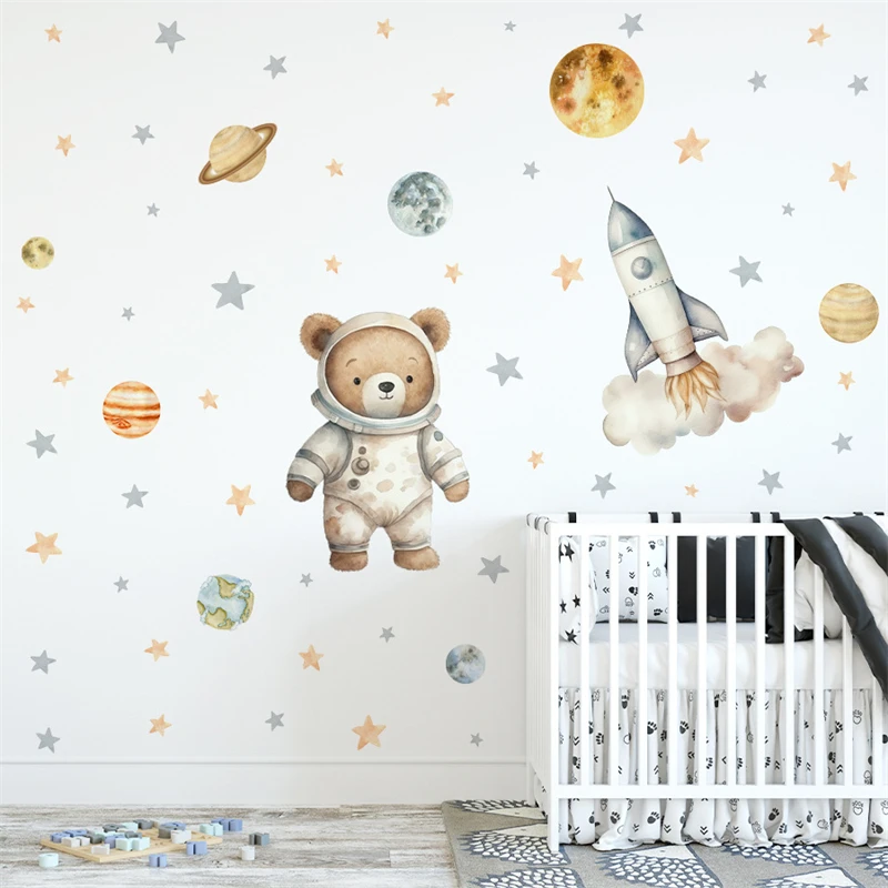 Cartoon Bear Astronaut Space Wall Sticker Baby Room Decoration Rocket Stars Decal Kids Room Wallpaper