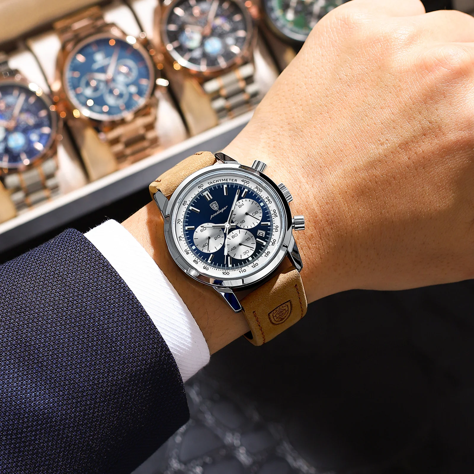 POEDAGAR High Quality Luxury Men Watch Military Waterproof Luminous Chronograph Date Man Wristwatch Leather Quartz Men's Watches 4