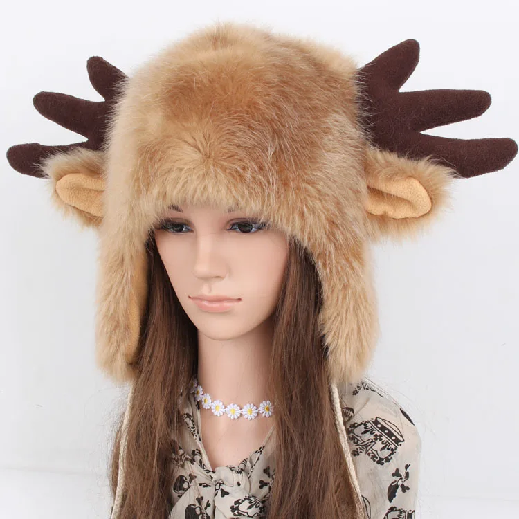 Winter Hats Big Black Bull Horn for Men Women Ear Protection Windproof Russian Ski Faux Fur