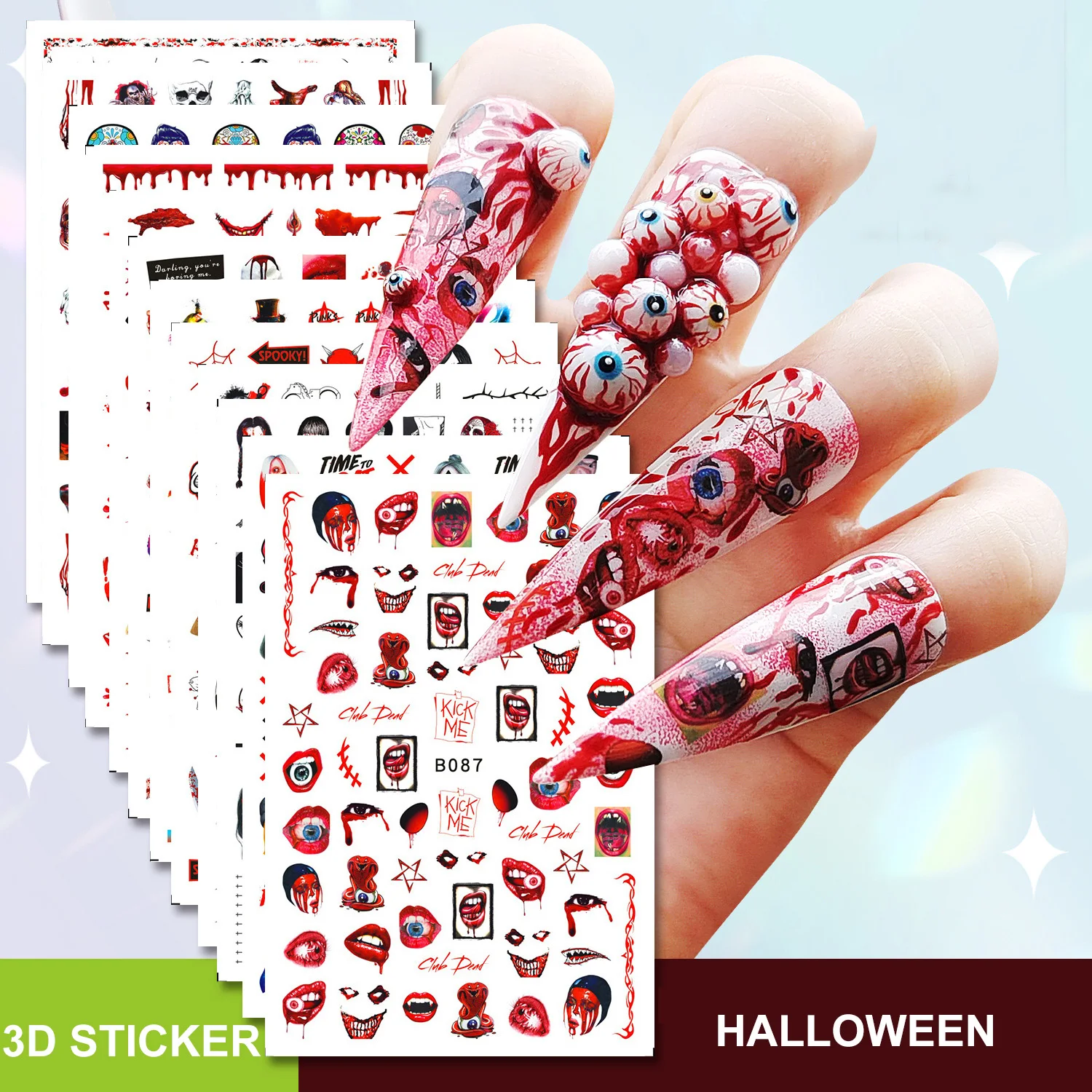 

3D stickers press on nails DIY manicure supplies halloween spider ghost scar designs back adhesive foil sliders nail decals kit
