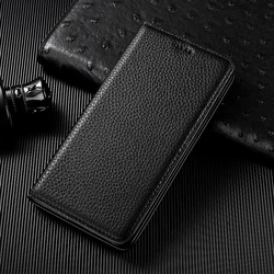 Litchi Pattern Genuine Leather Flip Phone Case - Stylish Protective Cover for Xiaomi 14 Ultra (Black)