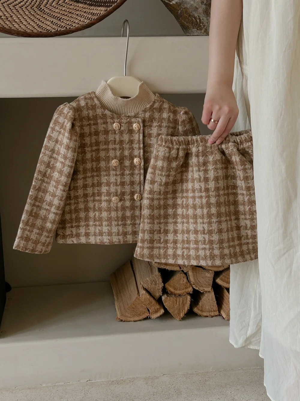 

2023 Autumn New Kids Boutique Clothing Baby Girls 2 Pieces Sets Sweater Coat Solid Color Plaid Korean Fashion Double-breasted