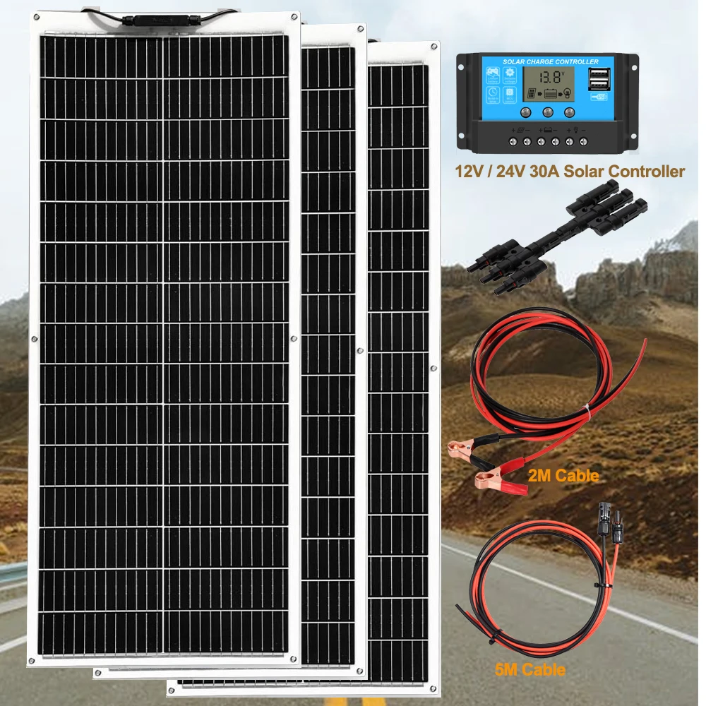 300W 200W 100W Pannello Solare Flessibile Ad Alta Potenza 12V Kit Pannello Solare Batteria Controller Di Ricarica Cavo Rv Trailer Cabin Rv Camper