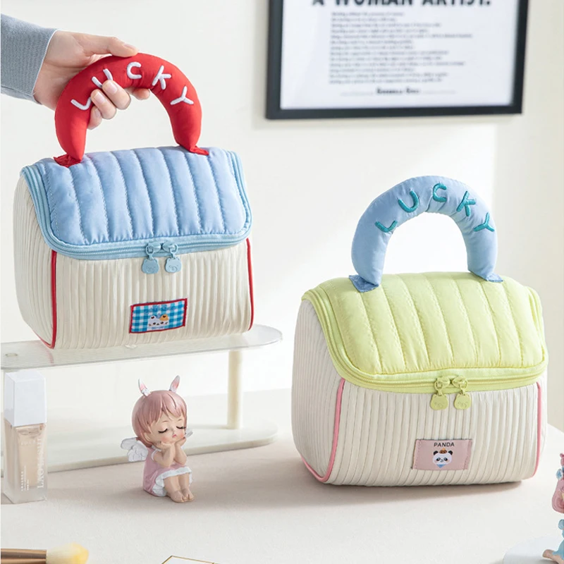 Nuova Borsa da Trucco da Donna Carina a Blocchi di Colore, Organizer Cosmetico da Viaggio di Grande Capacità, Beauty Case Portatile per Articoli Domestici - immagine 6