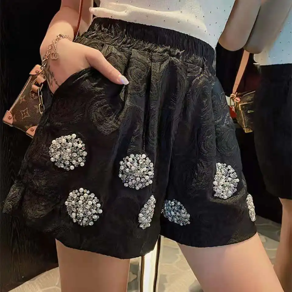 Jacquard Wide Leg Shorts Women Summer Shorts Black White Hand Made Beading Pearls Buttoms Lady Luxury Brand High Quality Shorts cargo shorts