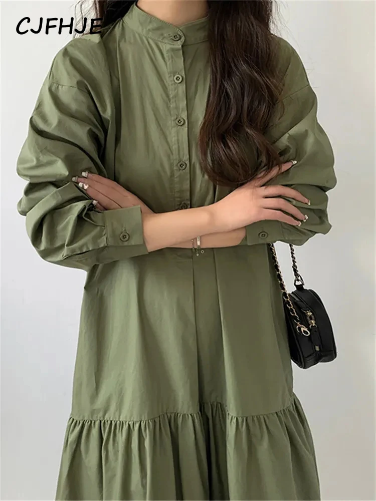 

CJFHJE Платье цвета хаки с высокой талией офисное женское платье большого размера корейская мода винтажное Черное женское платье Элегантные Осенние Длинные платья-рубашки