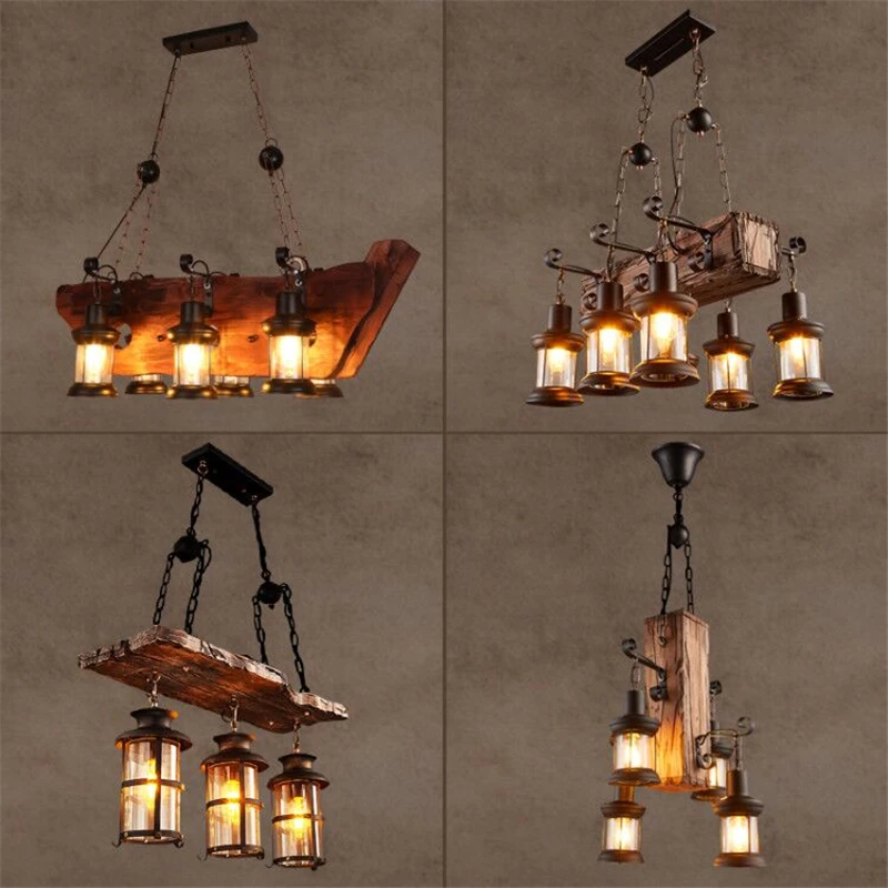 

American Industrial Wood Loft Chandelier Restaurant Homestay Bar Personality Barbecue Shop Wood Lamps Decor Interior Lighting